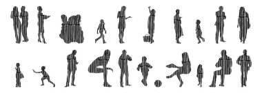 Vektör siluetleri, insanların ana hatları, Contour çizimleri, insanların siluetleri, ikon kümesi izole edilmiş, oturan insanların silueti, mimari set