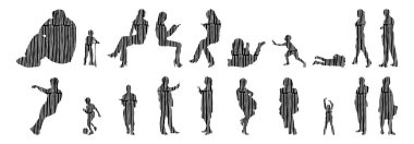 Vektör siluetleri, insanların ana hatları, Contour çizimleri, insanların siluetleri, ikon kümesi izole edilmiş, oturan insanların silueti, mimari set