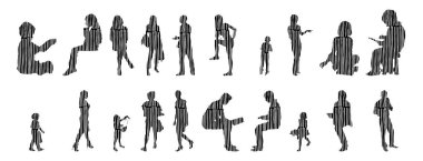 Vektör siluetleri, insanların ana hatları, Contour çizimleri, insanların siluetleri, ikon kümesi izole edilmiş, oturan insanların silueti, mimari set