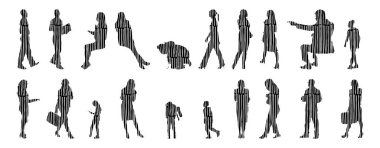 Vektör siluetleri, insanların ana hatları, Contour çizimleri, insanların siluetleri, ikon kümesi izole edilmiş, oturan insanların silueti, mimari set