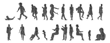 Vektör siluetleri, insanların ana hatları, Contour çizimleri, insanların siluetleri, ikon kümesi izole edilmiş, oturan insanların silueti, mimari set