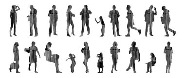 Vektör siluetleri, insanların ana hatları, Contour çizimleri, insanların siluetleri, ikon kümesi izole edilmiş, oturan insanların silueti, mimari set