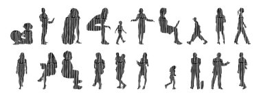 Vektör siluetleri, insanların ana hatları, Contour çizimleri, insanların siluetleri, ikon kümesi izole edilmiş, oturan insanların silueti, mimari set