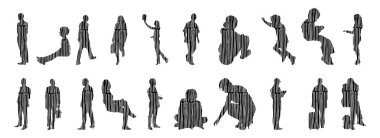 Vektör siluetleri, insanların ana hatları, Contour çizimleri, insanların siluetleri, ikon kümesi izole edilmiş, oturan insanların silueti, mimari set