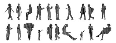 Vektör siluetleri, insanların ana hatları, Contour çizimleri, insanların siluetleri, ikon kümesi izole edilmiş, oturan insanların silueti, mimari set