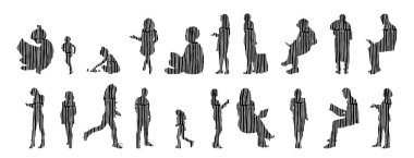 Vektör siluetleri, insanların ana hatları, Contour çizimleri, insanların siluetleri, ikon kümesi izole edilmiş, oturan insanların silueti, mimari set