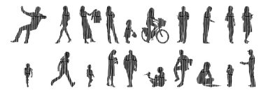 Vektör siluetleri, insanların ana hatları, Contour çizimleri, insanların siluetleri, ikon kümesi izole edilmiş, oturan insanların silueti, mimari set