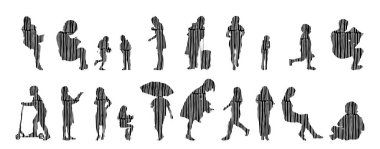 Vektör siluetleri, insanların ana hatları, Contour çizimleri, insanların siluetleri, ikon kümesi izole edilmiş, oturan insanların silueti, mimari set