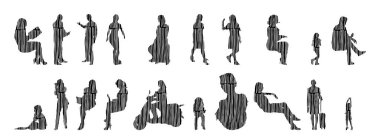 Vektör siluetleri, insanların ana hatları, Contour çizimleri, insanların siluetleri, ikon kümesi izole edilmiş, oturan insanların silueti, mimari set