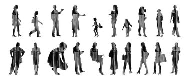 Vektör siluetleri, insanların ana hatları, Contour çizimleri, insanların siluetleri, ikon kümesi izole edilmiş, oturan insanların silueti, mimari set