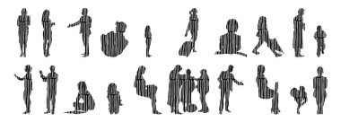 Vektör siluetleri, insanların ana hatları, Contour çizimleri, insanların siluetleri, ikon kümesi izole edilmiş, oturan insanların silueti, mimari set