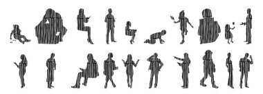 Vektör siluetleri, insanların ana hatları, Contour çizimleri, insanların siluetleri, ikon kümesi izole edilmiş, oturan insanların silueti, mimari set