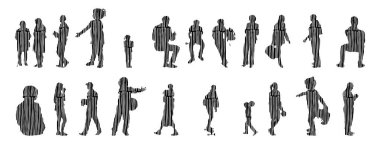 Vektör siluetleri, insanların ana hatları, Contour çizimleri, insanların siluetleri, ikon kümesi izole edilmiş, oturan insanların silueti, mimari set