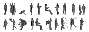 Vektör siluetleri, insanların ana hatları, Contour çizimleri, insanların siluetleri, ikon kümesi izole edilmiş, oturan insanların silueti, mimari set