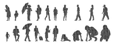 Vektör siluetleri, insanların ana hatları, Contour çizimleri, insanların siluetleri, ikon kümesi izole edilmiş, oturan insanların silueti, mimari set