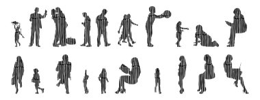 Vektör siluetleri, insanların ana hatları, Contour çizimleri, insanların siluetleri, ikon kümesi izole edilmiş, oturan insanların silueti, mimari set