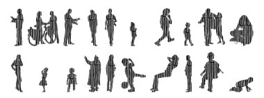 Vektör siluetleri, insanların ana hatları, Contour çizimleri, insanların siluetleri, ikon kümesi izole edilmiş, oturan insanların silueti, mimari set