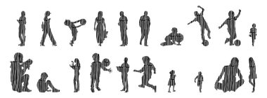 Vektör siluetleri, insanların ana hatları, Contour çizimleri, insanların siluetleri, ikon kümesi izole edilmiş, oturan insanların silueti, mimari set