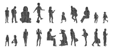 Vektör siluetleri, insanların ana hatları, Contour çizimleri, insanların siluetleri, ikon kümesi izole edilmiş, oturan insanların silueti, mimari set