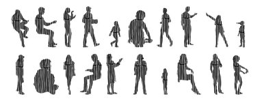 Vektör siluetleri, insanların ana hatları, Contour çizimleri, insanların siluetleri, ikon kümesi izole edilmiş, oturan insanların silueti, mimari set