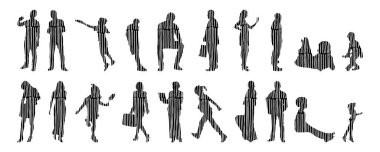 Vektör siluetleri, insanların ana hatları, Contour çizimleri, insanların siluetleri, ikon kümesi izole edilmiş, oturan insanların silueti, mimari set