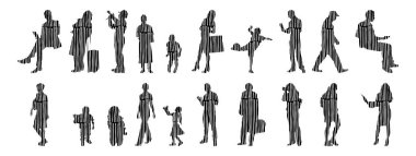 Vektör siluetleri, insanların ana hatları, Contour çizimleri, insanların siluetleri, ikon kümesi izole edilmiş, oturan insanların silueti, mimari set