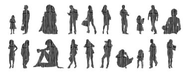 Vektör siluetleri, insanların ana hatları, Contour çizimleri, insanların siluetleri, ikon kümesi izole edilmiş, oturan insanların silueti, mimari set