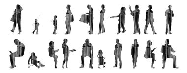 Vektör siluetleri, insanların ana hatları, Contour çizimleri, insanların siluetleri, ikon kümesi izole edilmiş, oturan insanların silueti, mimari set