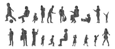 Vektör siluetleri, insanların ana hatları, Contour çizimleri, insanların siluetleri, ikon kümesi izole edilmiş, oturan insanların silueti, mimari set