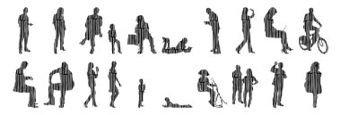 Vektör siluetleri, insanların ana hatları, Contour çizimleri, insanların siluetleri, ikon kümesi izole edilmiş, oturan insanların silueti, mimari set