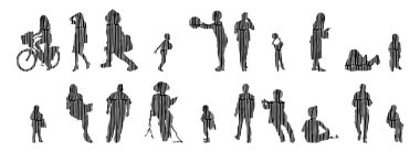 Vektör siluetleri, insanların ana hatları, Contour çizimleri, insanların siluetleri, ikon kümesi izole edilmiş, oturan insanların silueti, mimari set