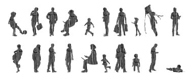 Vektör siluetleri, insanların ana hatları, Contour çizimleri, insanların siluetleri, ikon kümesi izole edilmiş, oturan insanların silueti, mimari set