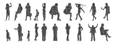 Vektör siluetleri, insanların ana hatları, Contour çizimleri, insanların siluetleri, ikon kümesi izole edilmiş, oturan insanların silueti, mimari set