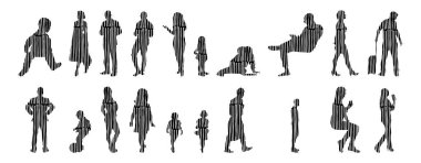 Vektör siluetleri, insanların ana hatları, Contour çizimleri, insanların siluetleri, ikon kümesi izole edilmiş, oturan insanların silueti, mimari set