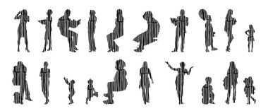 Vektör siluetleri, insanların ana hatları, Contour çizimleri, insanların siluetleri, ikon kümesi izole edilmiş, oturan insanların silueti, mimari set