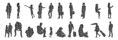 Vektör siluetleri, insanların ana hatları, Contour çizimleri, insanların siluetleri, ikon kümesi izole edilmiş, oturan insanların silueti, mimari set