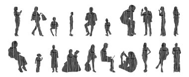 Vektör siluetleri, insanların ana hatları, Contour çizimleri, insanların siluetleri, ikon kümesi izole edilmiş, oturan insanların silueti, mimari set