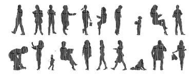 Vektör siluetleri, insanların ana hatları, Contour çizimleri, insanların siluetleri, ikon kümesi izole edilmiş, oturan insanların silueti, mimari set