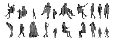 Vektör siluetleri, insanların ana hatları, Contour çizimleri, insanların siluetleri, ikon kümesi izole edilmiş, oturan insanların silueti, mimari set