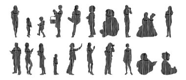 Vektör siluetleri, insanların ana hatları, Contour çizimleri, insanların siluetleri, ikon kümesi izole edilmiş, oturan insanların silueti, mimari set