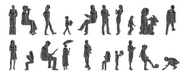 Vektör siluetleri, insanların ana hatları, Contour çizimleri, insanların siluetleri, ikon kümesi izole edilmiş, oturan insanların silueti, mimari set