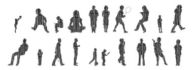 Vektör siluetleri, insanların ana hatları, Contour çizimleri, insanların siluetleri, ikon kümesi izole edilmiş, oturan insanların silueti, mimari set