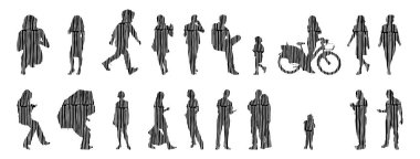 Vektör siluetleri, insanların ana hatları, Contour çizimleri, insanların siluetleri, ikon kümesi izole edilmiş, oturan insanların silueti, mimari set