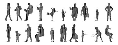 Vektör siluetleri, insanların ana hatları, Contour çizimleri, insanların siluetleri, ikon kümesi izole edilmiş, oturan insanların silueti, mimari set