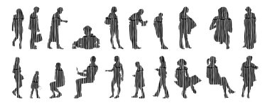 Vektör siluetleri, insanların ana hatları, Contour çizimleri, insanların siluetleri, ikon kümesi izole edilmiş, oturan insanların silueti, mimari set