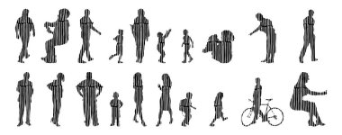 Vektör siluetleri, insanların ana hatları, Contour çizimleri, insanların siluetleri, ikon kümesi izole edilmiş, oturan insanların silueti, mimari set