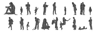 Vektör siluetleri, insanların ana hatları, Contour çizimleri, insanların siluetleri, ikon kümesi izole edilmiş, oturan insanların silueti, mimari set