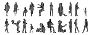 Vektör siluetleri, insanların ana hatları, Contour çizimleri, insanların siluetleri, ikon kümesi izole edilmiş, oturan insanların silueti, mimari set