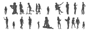 Vektör siluetleri, insanların ana hatları, Contour çizimleri, insanların siluetleri, ikon kümesi izole edilmiş, oturan insanların silueti, mimari set