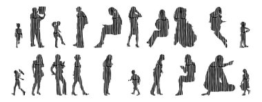 Vektör siluetleri, insanların ana hatları, Contour çizimleri, insanların siluetleri, ikon kümesi izole edilmiş, oturan insanların silueti, mimari set